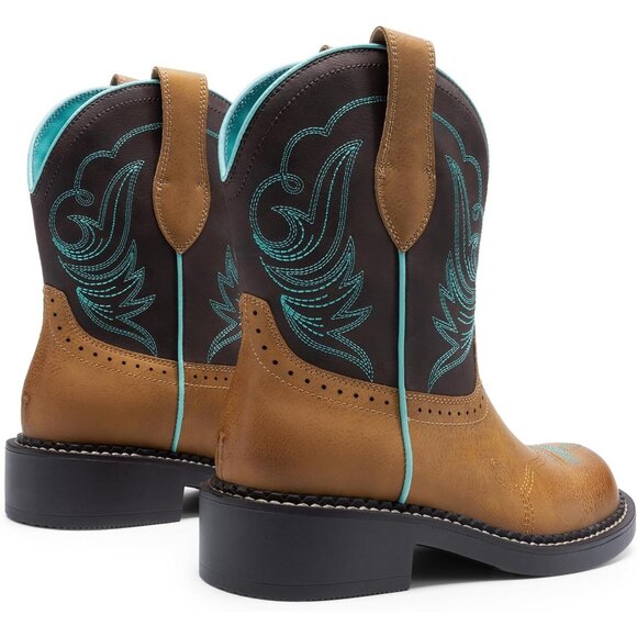 Women's Cowgirl Round Toe Embroidered Mid Calf Western Boot Concert Tan Brown - Picture 5 of 7